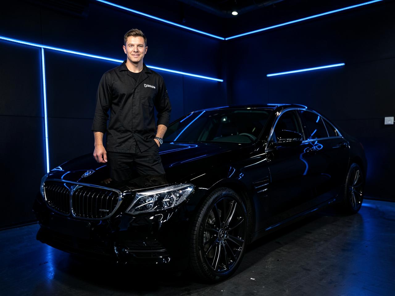 PDS detailer beside a freshly detailed black sedan in the Kelmscott studio