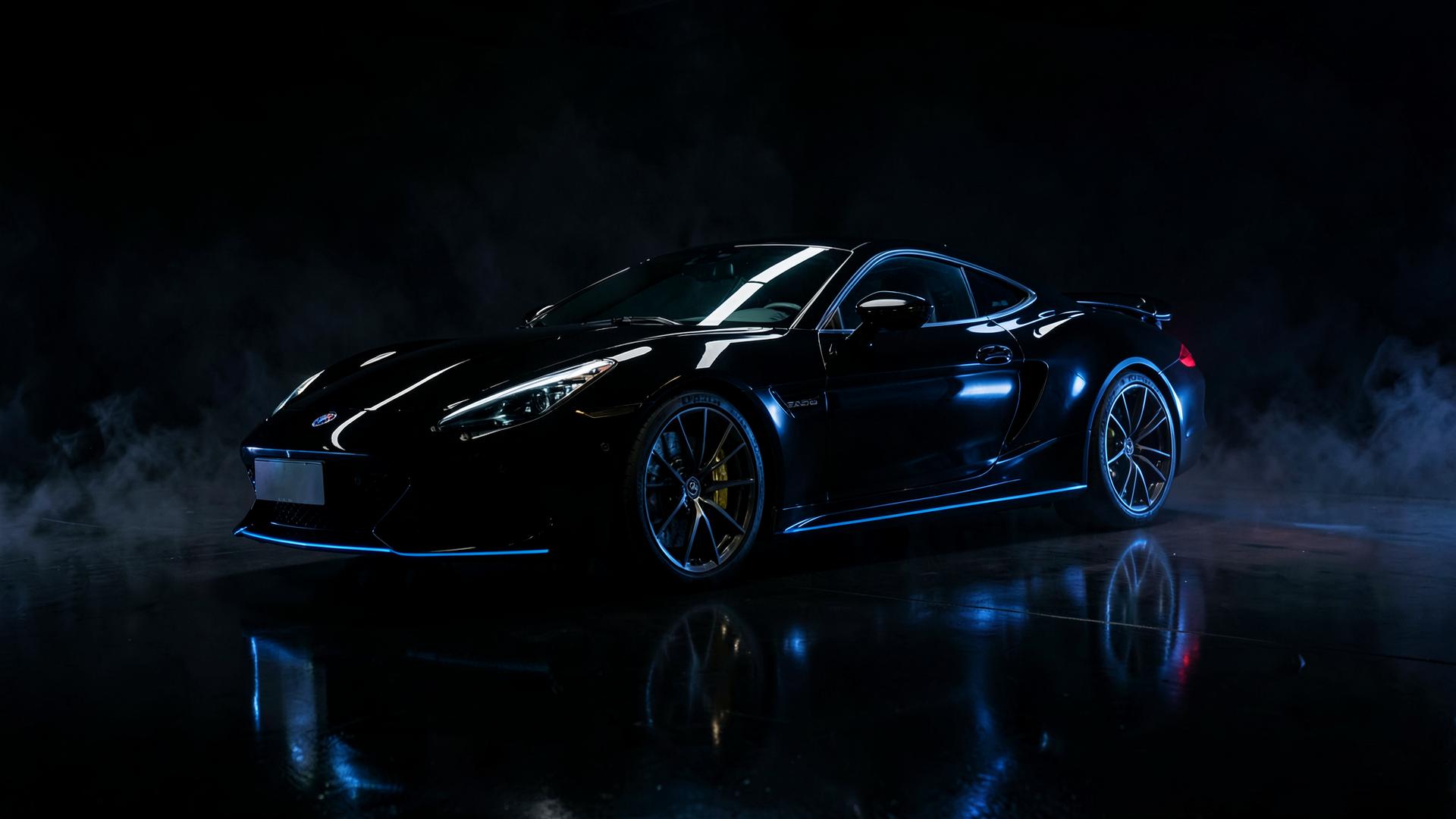 Glossy black sports car under blue studio lighting at Pro Detailing Solutions